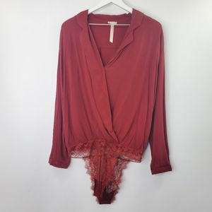 Free People Elsa Long Sleeve Deep Plunge Red Lace Blouse Bodysuit Boho
